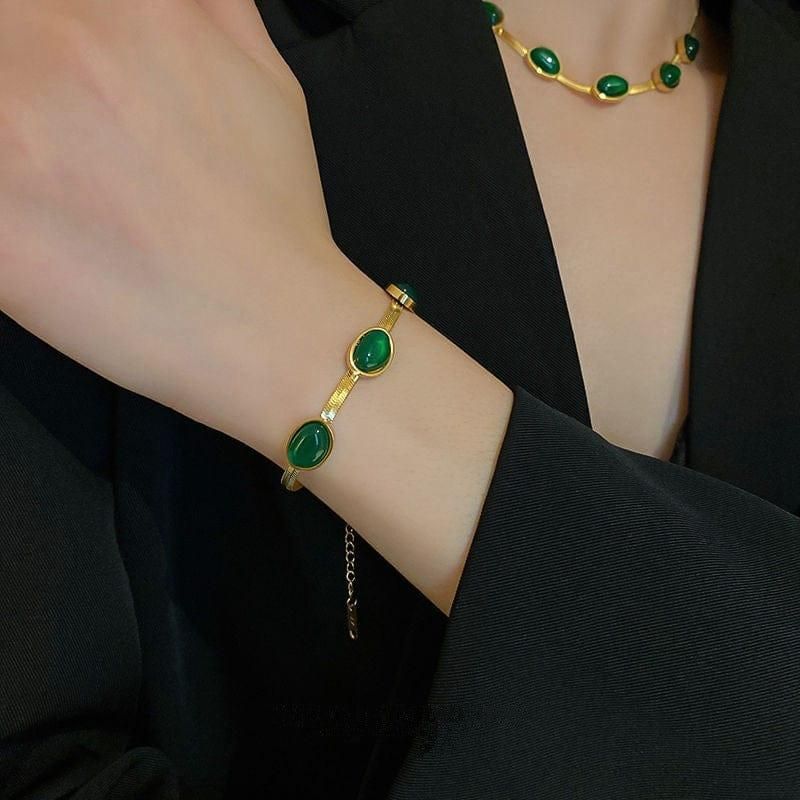 Oval Green Crystal Pendant Necklace Set with Matching Bracelet | Gold-Plated Jewelry Set for Women